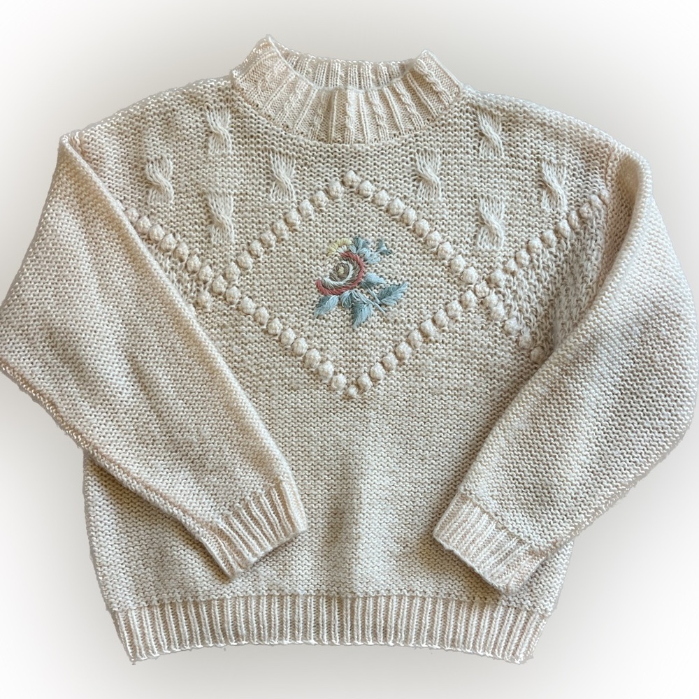 Sugar Co Vintage Cable Knit 80’s Blush Pink embroidered Floral Women’s Sweater